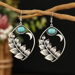 Retro European and American Bohemian leaf earrings, personalized and fashionable Western style turquoise earrings