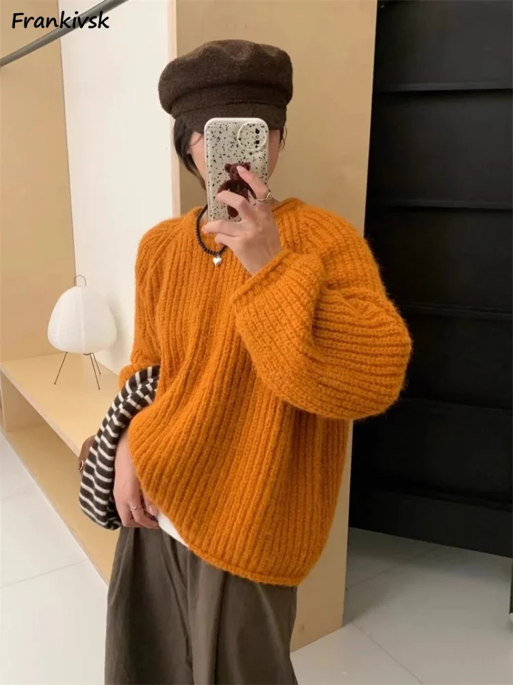 

5 Color Sweaters Women Winter Tender Chic Simple Daily Windproof Basic American Style O-neck Outer Temperament Ins Pullovers