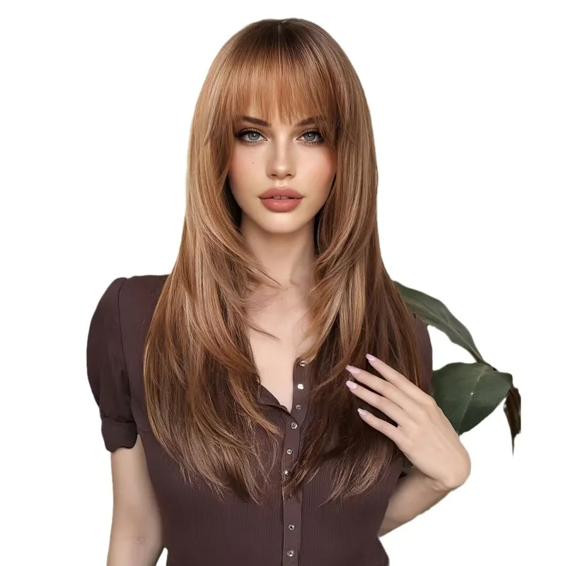 

Qi Liu Hai High Level Gradient Brown Long Straight Hair Tail Dyeing Natural Fashion Wig Full Head Hairstyle