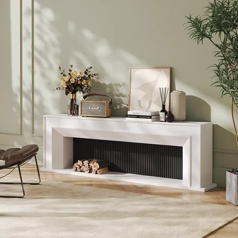 Modern Simple Living Room Cream White Decorative Fireplace Cabinet Rectangular Floor Black Solid Wood TV Stand