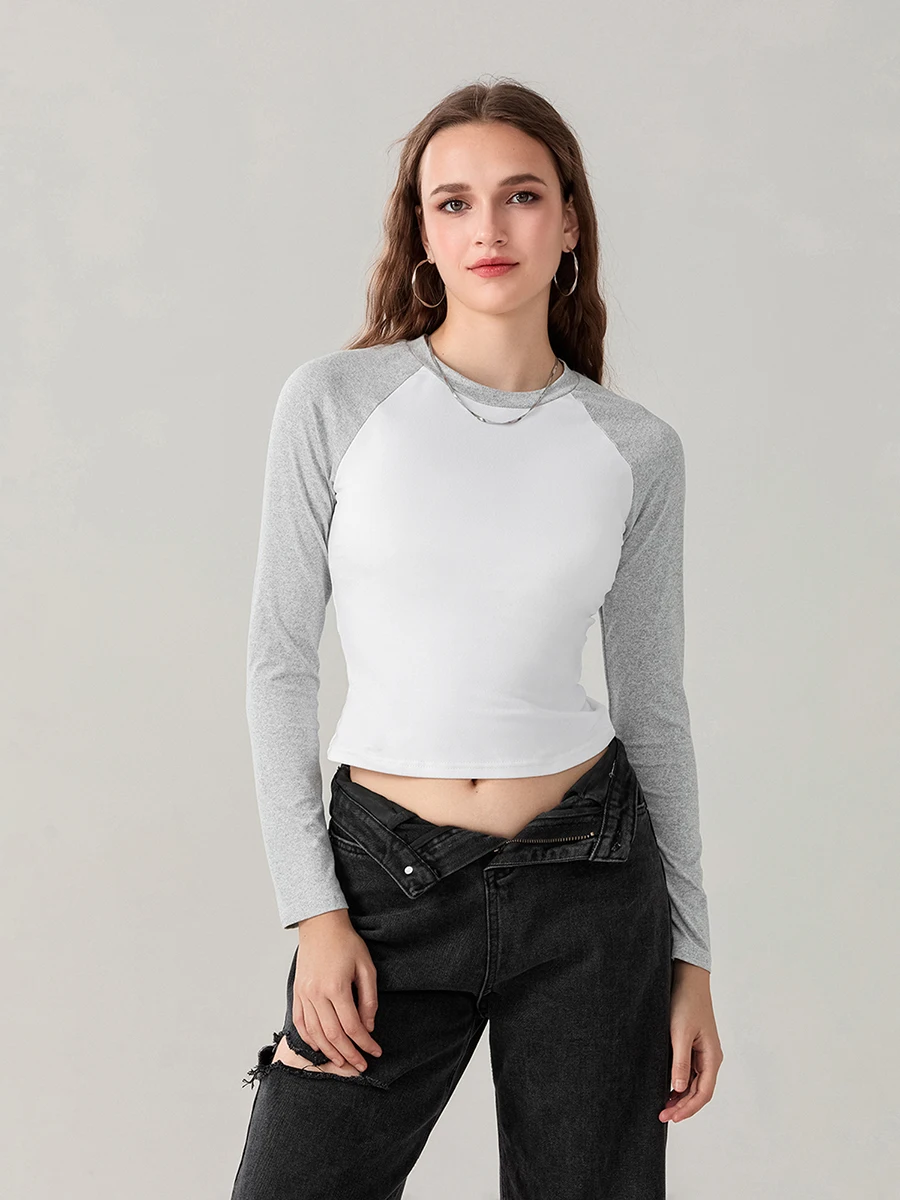wsevypo Womens Patchwork Crop Tops Fall Spring Raglan Long Sleeve Round Neck Short T-Shirt Casual Basic Tees Streetwear image 3