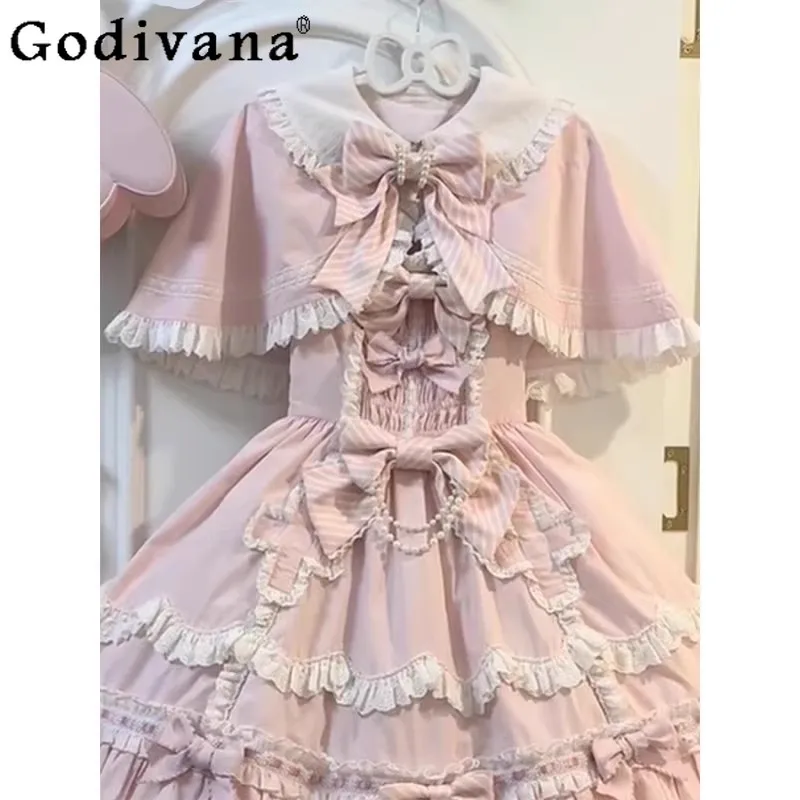 Pink Cute Gentle Style Lolita Dress for Girls JSK Lolita Sweet Princess Dress Cloak Set Women's Summer Birthday Party Gown Dress