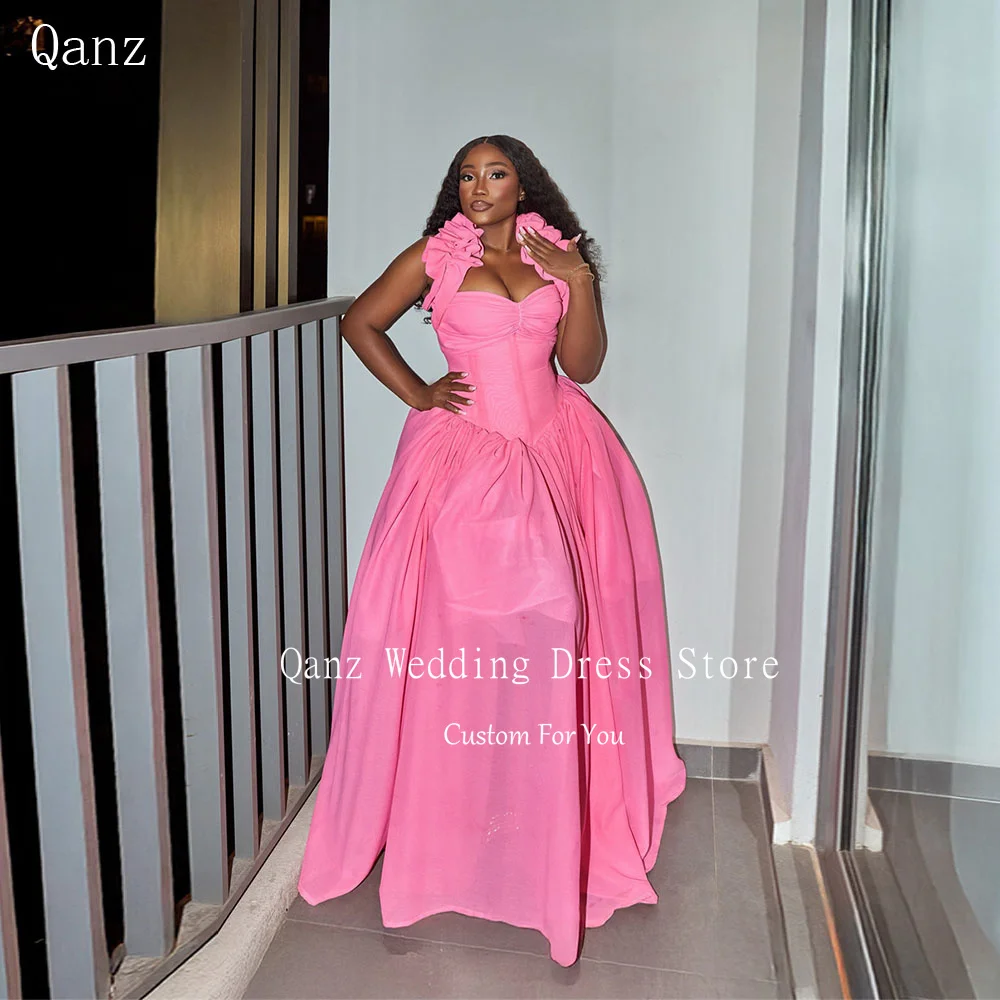 Qanz Hot Pink Long Evening Dresses Women Halter Neck A Line Vestidos De Fiesta Elegantes Ruffled Plus Size Prom Dress Customized