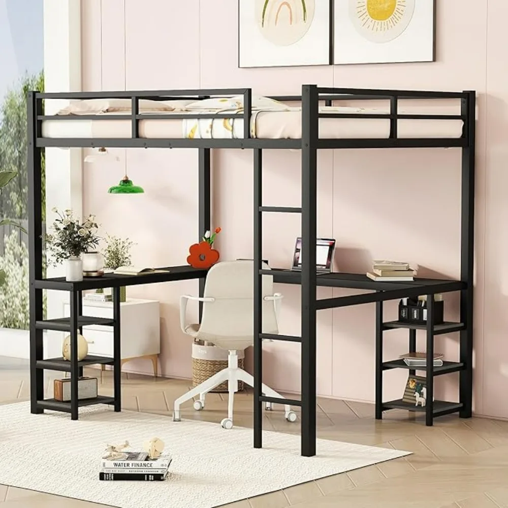 Full Size Loft Bed with Stairs and Desk, Metal Loft Bed with LED Light,  Bed Frame with Storage Shelves and Charging Station