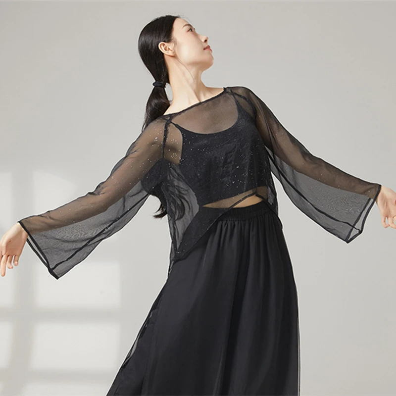 Classical Dance Top Women Flutter Long Sleeve Gauze Shirt Back Split Saree See Through Fairy Stage Clothes Performance Costume