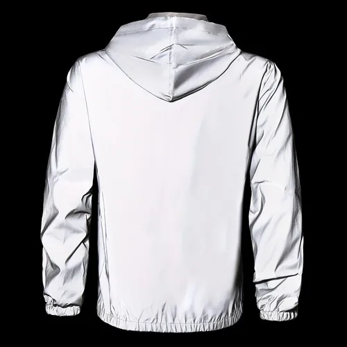 Imagen 2 del producto Chaqueta con capucha reflectante para ciclismo nocturno, moda para hombre, resistente al viento, para correr, deportes, abrigos informales sueltos, ropa de calle de Hip-hop