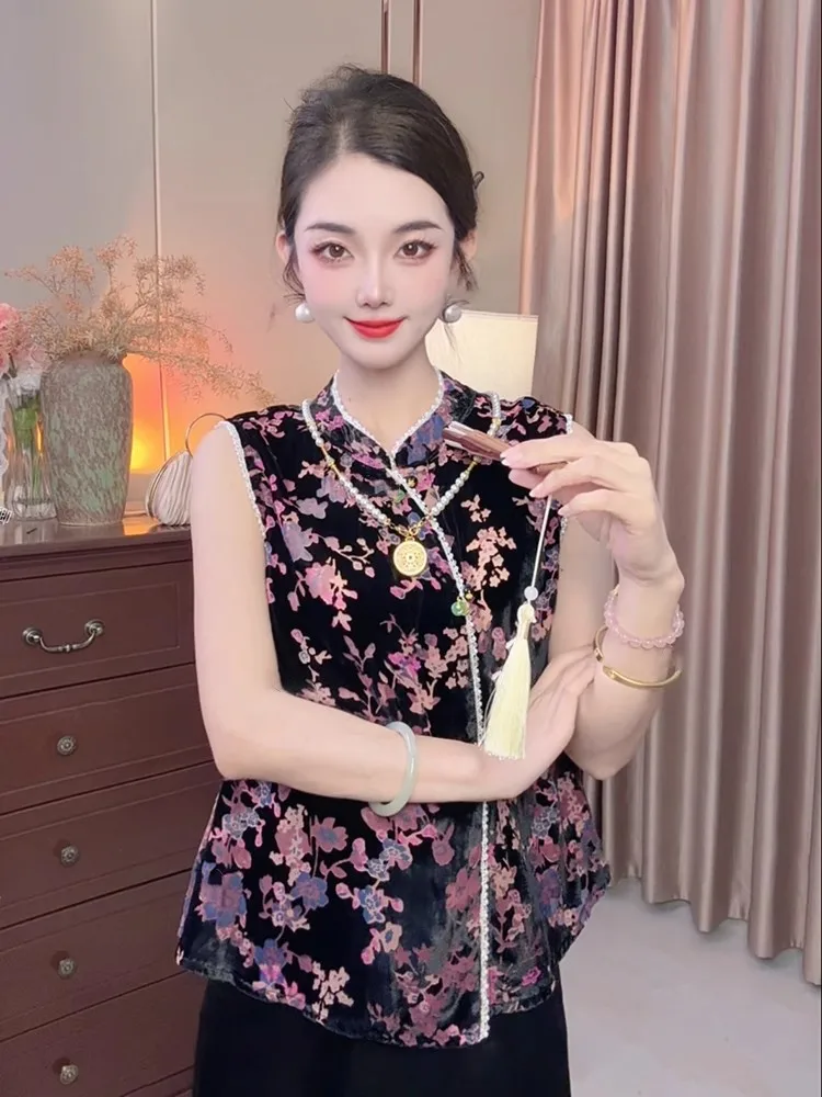 

Летний модный универсальный китайский элегантный жилет с низким воротником и вышивкой, стройнящий силуэт, женская блузка 2025