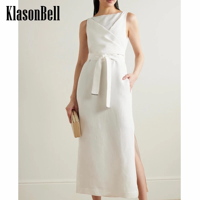 

4.17 KlasonBell Female Temperament Elegant Linen O-Neck Sleeveless Slim Dress Bead Chain Sashes Bow Side Split Maxi Dress