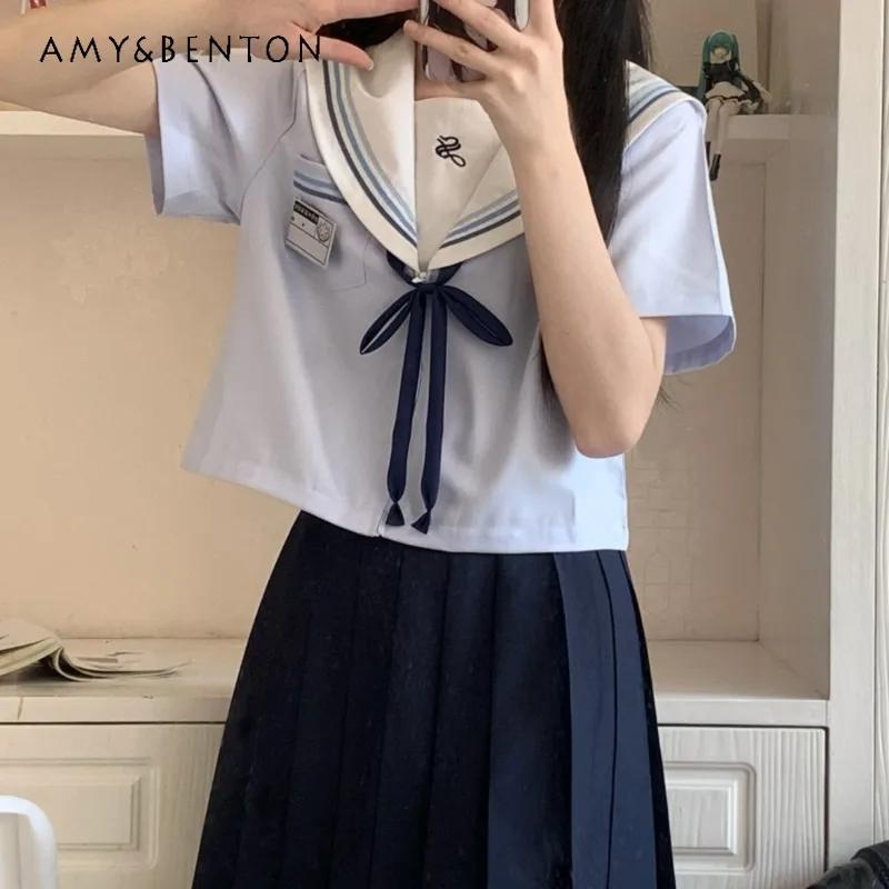 

2024 New Japanese JK Uniform Summer Sailor Suit Preppy Style Short Sleeves Shirt Pleated Skirt Color Blocking 2 Pieces Set Women