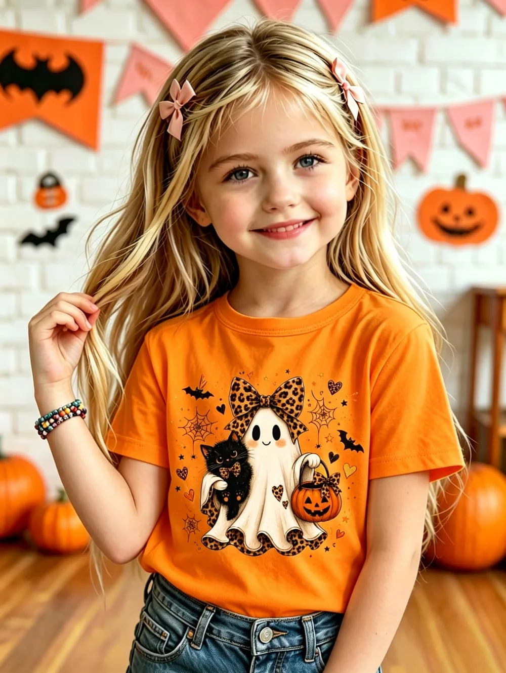 Girls' Short-Sleeve T-Shirt Halloween Cartoon Ghost with Leopard Bow Print Round Neck Tops Casual Holiday Gift for Kids Clothing