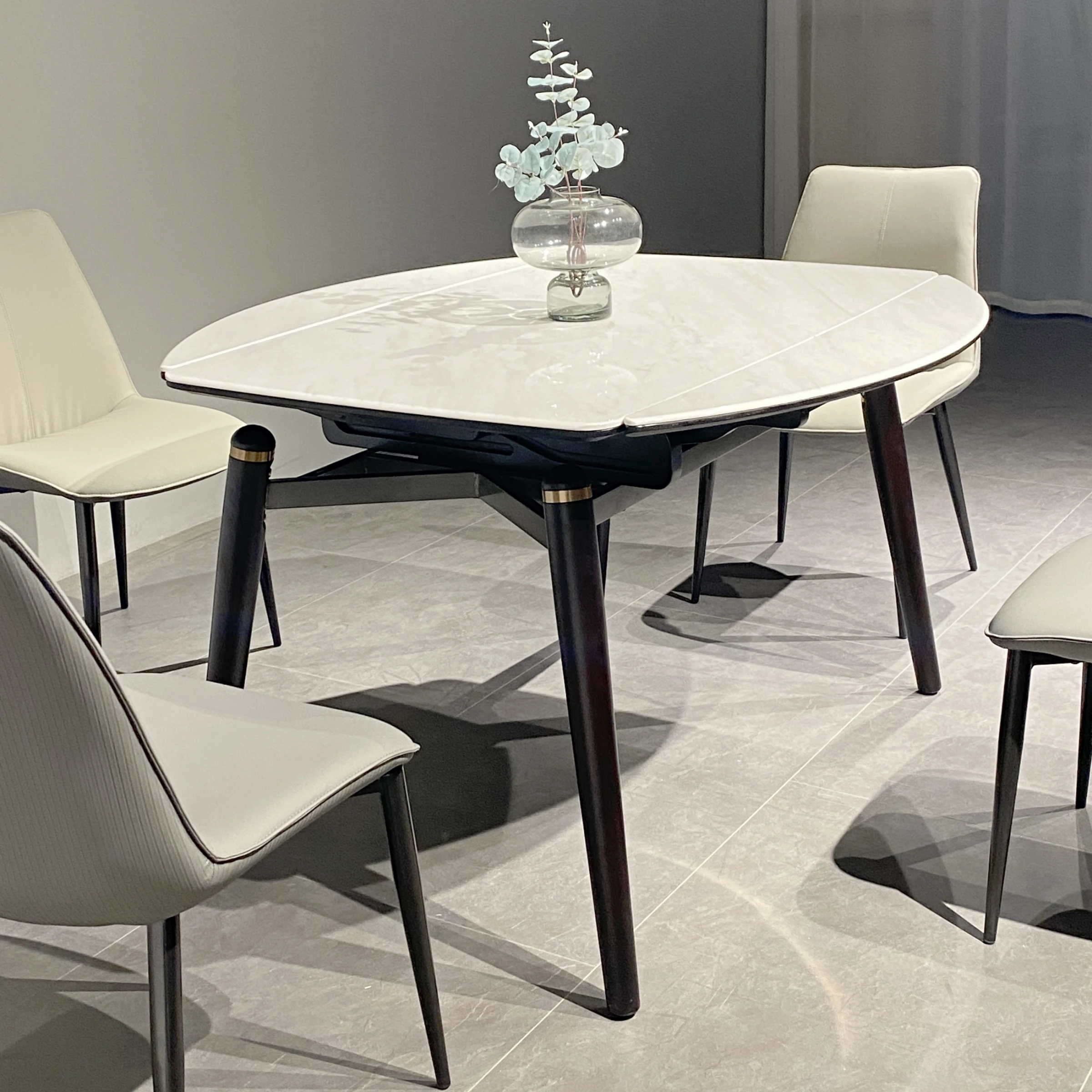 Modern Foshan Factory Functional Tables Extendible Dining Table Rectangle Switch Round Marble Food Table Wood Base
