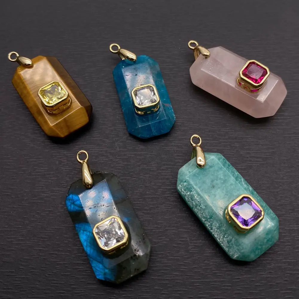5 Pcs Natural Gemstone Rectangle Shape Apatite Rose Quartz Tiger Eye Amazonite Labradorite Cz Pendant view 3