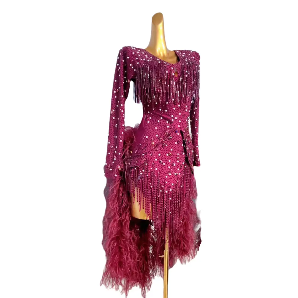 Palco de dança latina feminino high-end personalizado artesanal pérola cauda de pelúcia samba strass desempenho roupas vestido