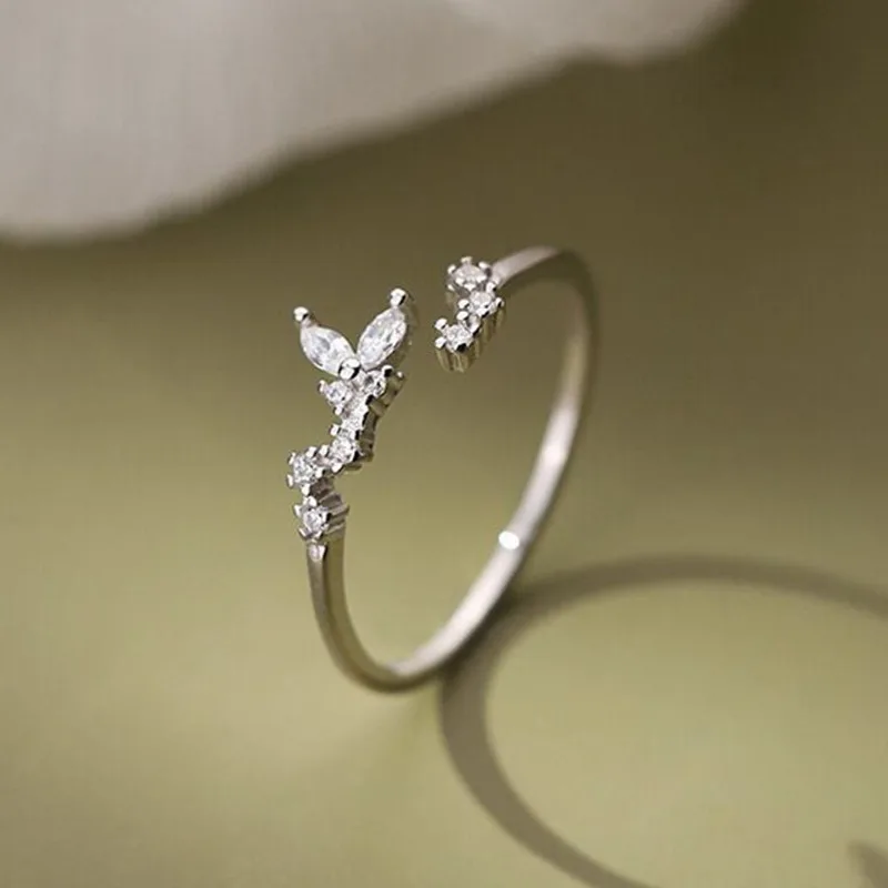 Exquisite Shiny 925 Sterling Silver Opening Adjustable Irregular Butterfly Wing Zircon Ring for Woman Personalized Jewelry Gifts