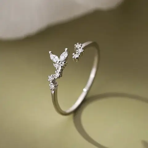 Exquisite Shiny 925 Sterling Silver Opening Adjustable Irregular Butterfly Wing Zircon Ring for Woman Personalized Jewelry Gifts