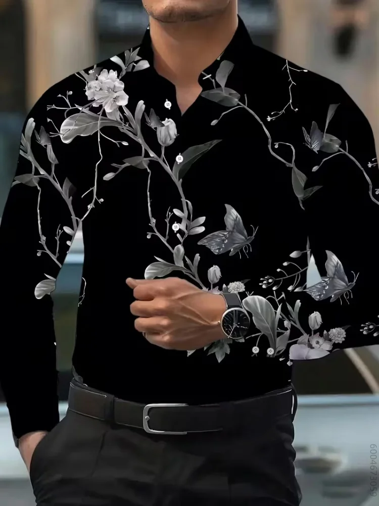 Men Long Sleeve Shirt Black Background Silver Floral Butterfly Print Turn Down Autumn Winter Daily Casual Tops Men's Clothing