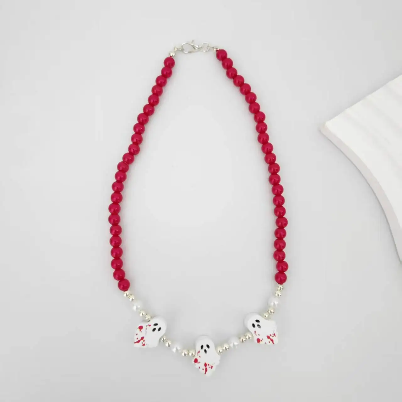 

Cute Girl's Gifts Necklace Children Jewelry Red Bead Ghost Shape Wood Beads Chain Halloween Handmade Necklace