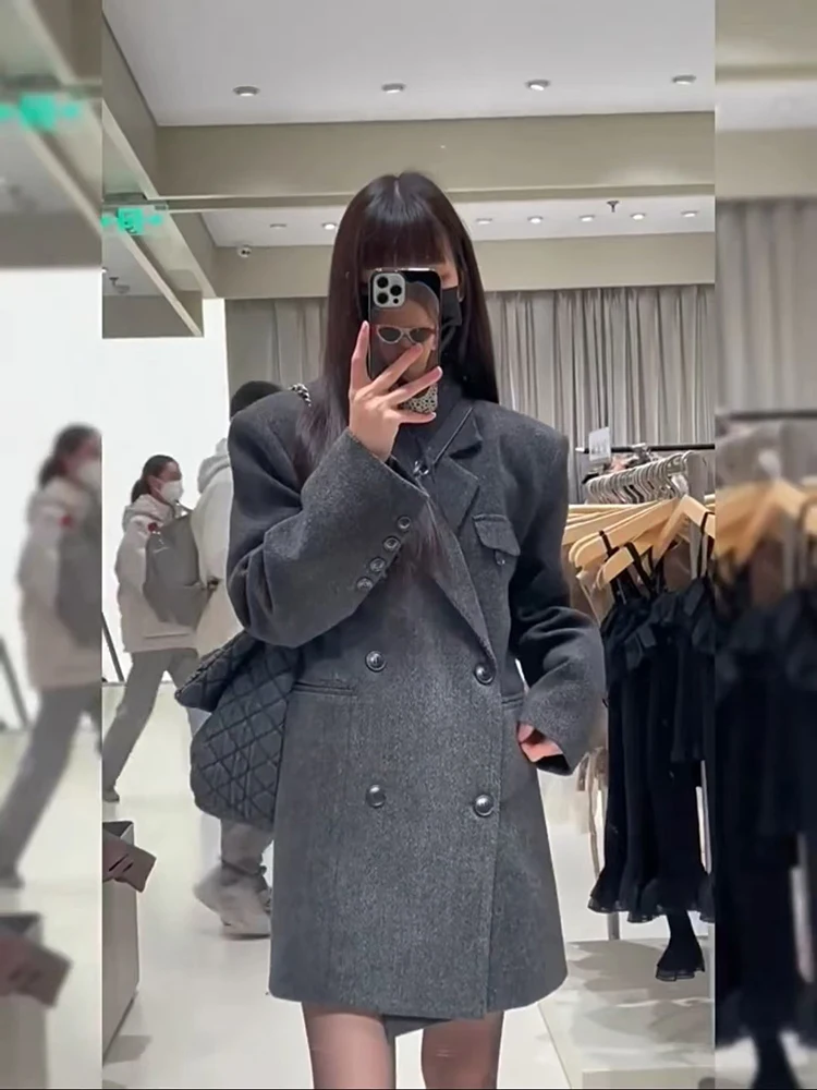 Fashion Gray Faux Fur Suit Coat Women Y2K Winter Thick Warm Double-Breasted Jackets Female Korean Streetwear All-Match Outwear