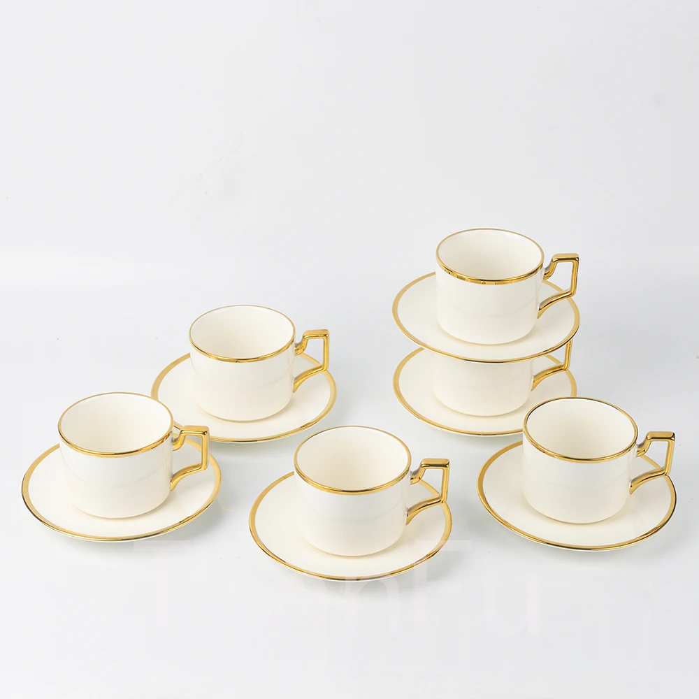 

6stes Tea Cups and Saucers Set (8.8oz)/Luxury Tea Cup Set with Golden Trim/Tea Cups for Tea Party/Party Cafe Home/Christmas Gift