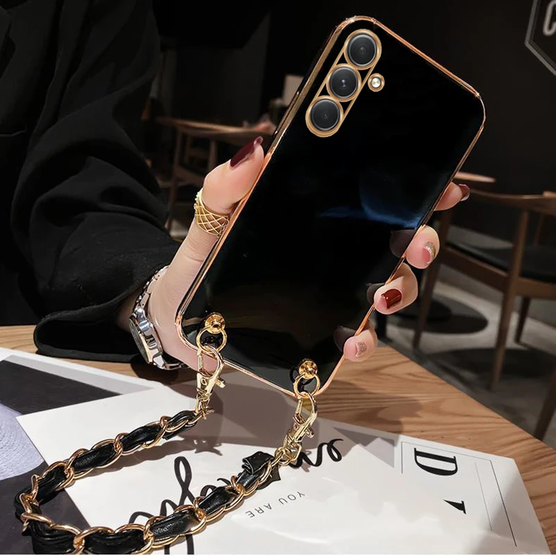 A 54 34 24 14 Plating Luxury Lanyard Bracelet Case For Samsung Galaxy A54 A34 A24 A14 4G 5G Wrist Band Chain Back Cover On A545G