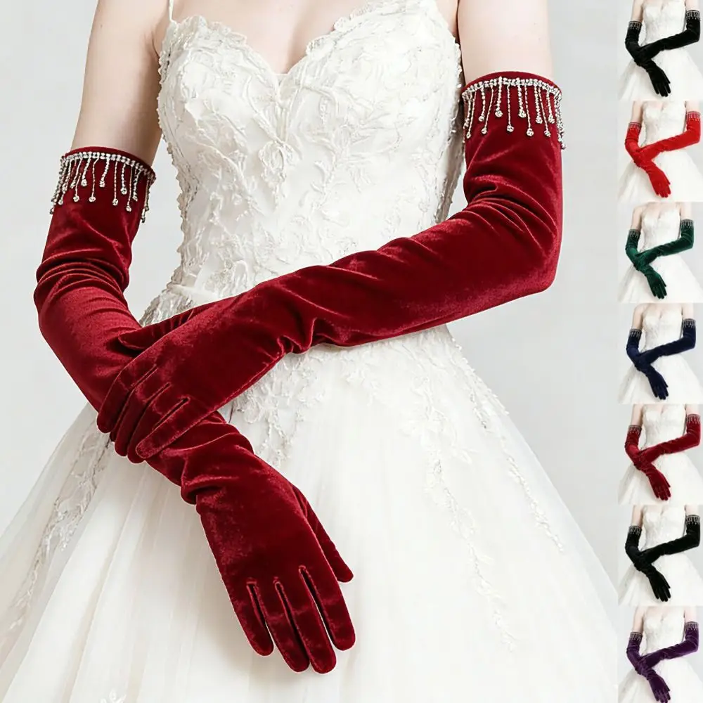 

Элегантные бархатные длинные перчатки однотонные с кисточками из страз, женские перчатки, удобные, мягкие, для вечерних платьев