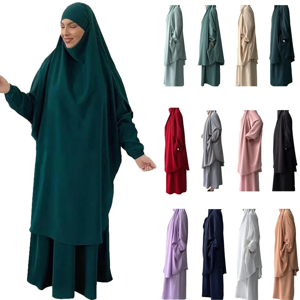

Eid Hooded Muslim Women Robe Long Khimar Hijab Dress Set 2 Pieces Prayer Garment Abaya Ramadan Gown Dress Sets Islamic Niqab
