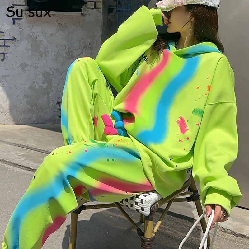 Graffiti Tie Dye Gradient Hoodie Oversize Pants Sets Women Y2k Clothes Casual Sweatershirt Matching Sets Vestidos Outwear 2024