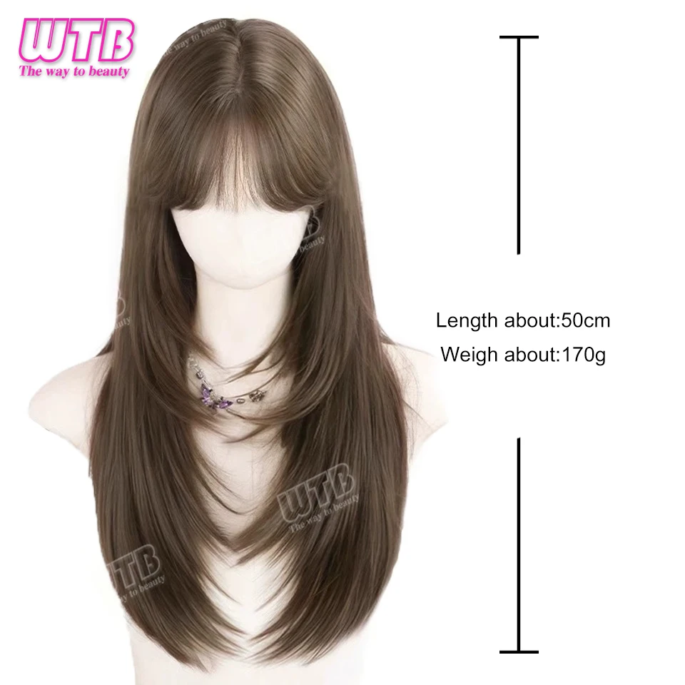 WTB WIGS Synthetic Wig with Bangs Long Brown Wigs for Women,Layered Heat Resistant Synthetic Wigs for Daily Use