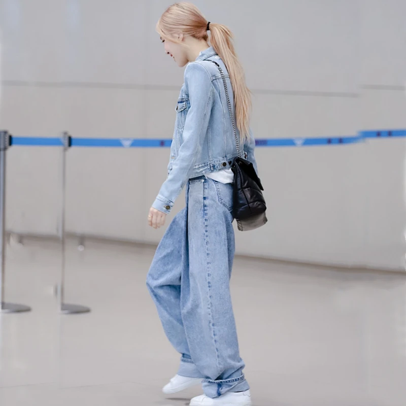 Kpop Girl Group ROSE Casual High Waist Women Baggy Jeans 2023 Fashion Straight Wide Leg Pants Vintage Loose Blue Denim Trousers