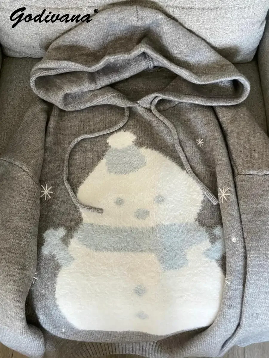 女性用グレーのスノーマンセーター、女の子用フード付きルーズ長袖プルオーバー、ニットトップ、ニットウェア、かわいい、新しい、y2k、秋冬