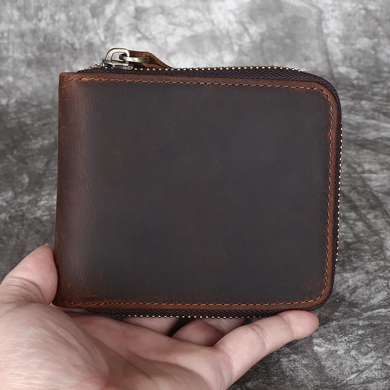 Мужской кожаный кошелек Crazy Horse на молнии, кошелек ручной работы из натуральной воловьей кожи в вертикальном стиле в стиле ретро