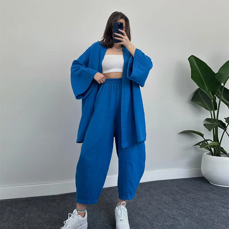 Solid Drape Loose Casual Suit  Women Pajamas Fashion Kimono Long-Sleeved High Waist Trousers 2 Pcs Sleepwear Female Home Suit