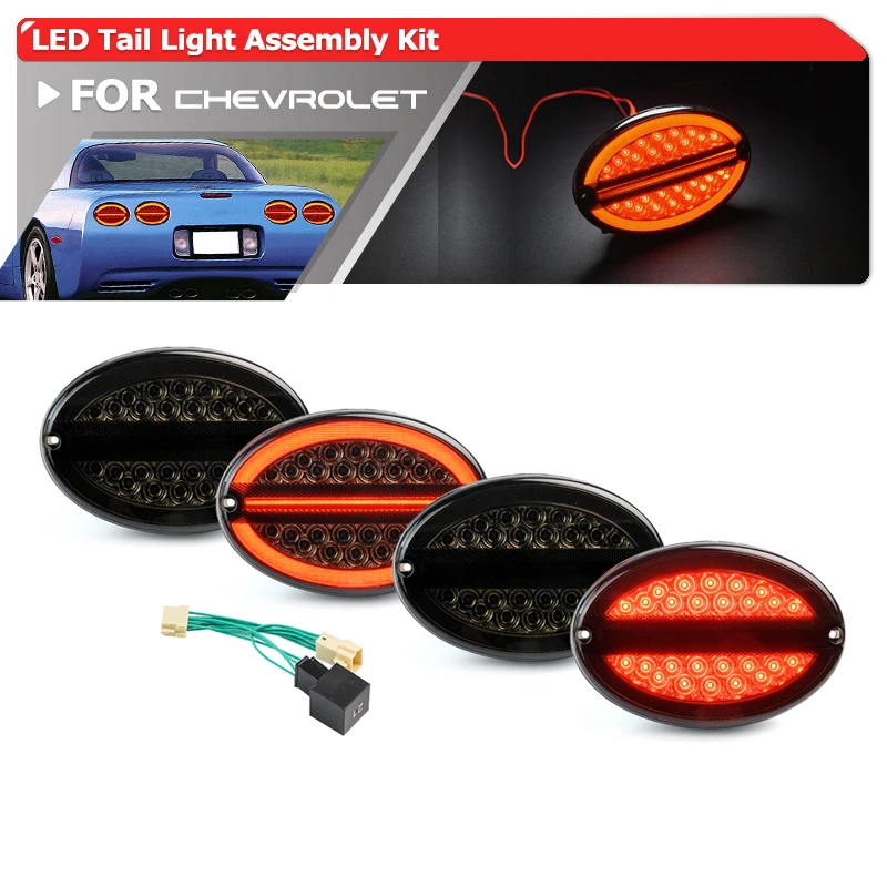 4x Euro-Style Smoked Led Tail Brake Stop/ Turn Signal/ Driving Parking Light Assembly Kits For Chevrolet Corvette C5 1997-2004