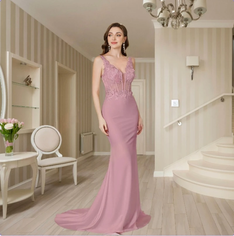 

2025 Womens Mermaid Evening Dresses V-Neck Pearl Lace Appliques Straps Illusion Backless Prom Dress Train Wedding Bridal Vestido