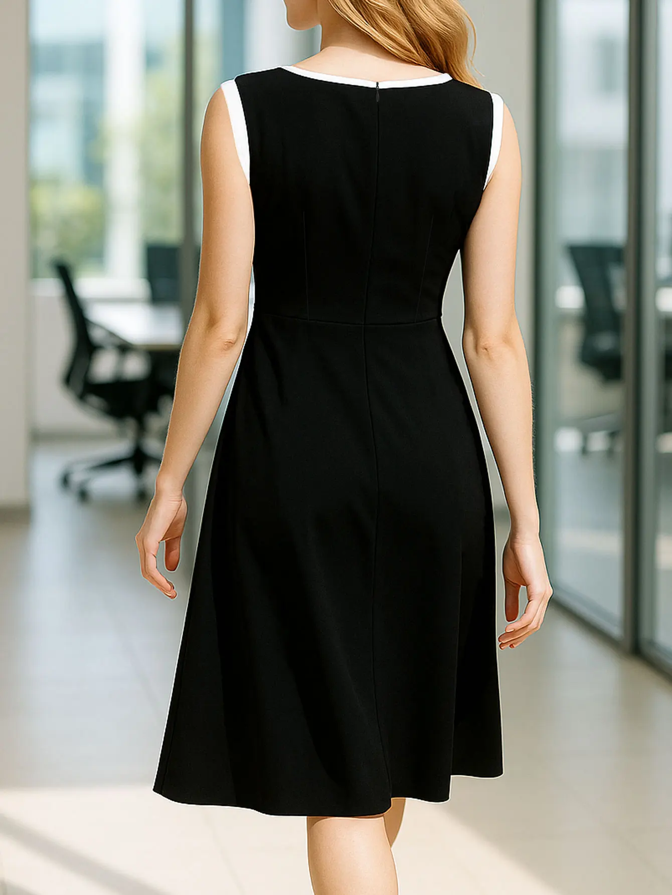 Womens Sleeveless Elegant Summer Work Office A-Line Black Tie Up Business Casual Party Slim Fit And Flare Swing Dress