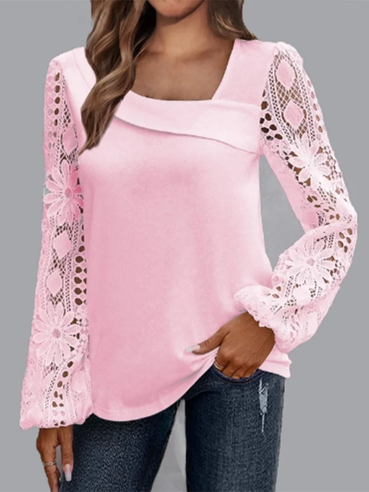 Solid Color Diagonal Collar Long Sleeved Lace Printed Women's Shirt Street Fashion Elegant Commuting Style Spring Top