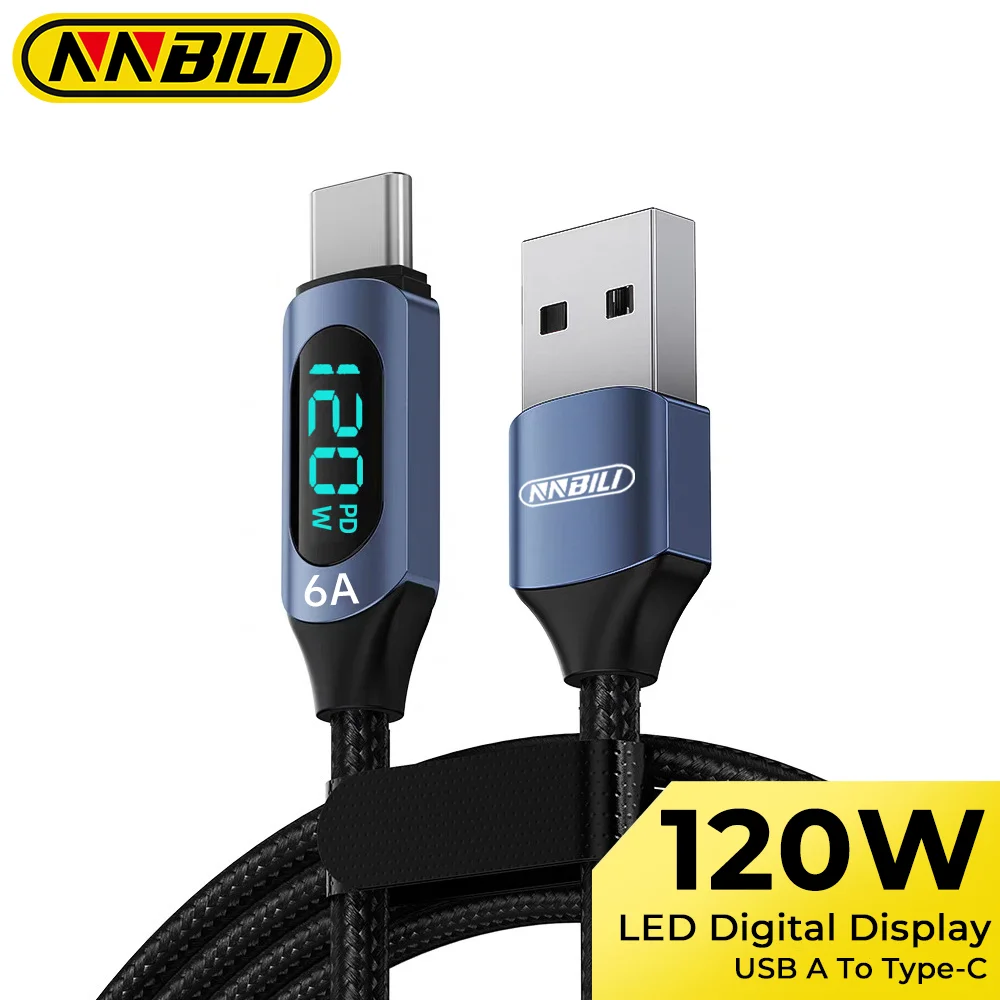 NNBILI 120W USB-A-auf-Typ-C-Kabel, schnelles Laden, 6A USB-C-Ladekabel für Samsung S26 Huawei mit LED-Digitalanzeige