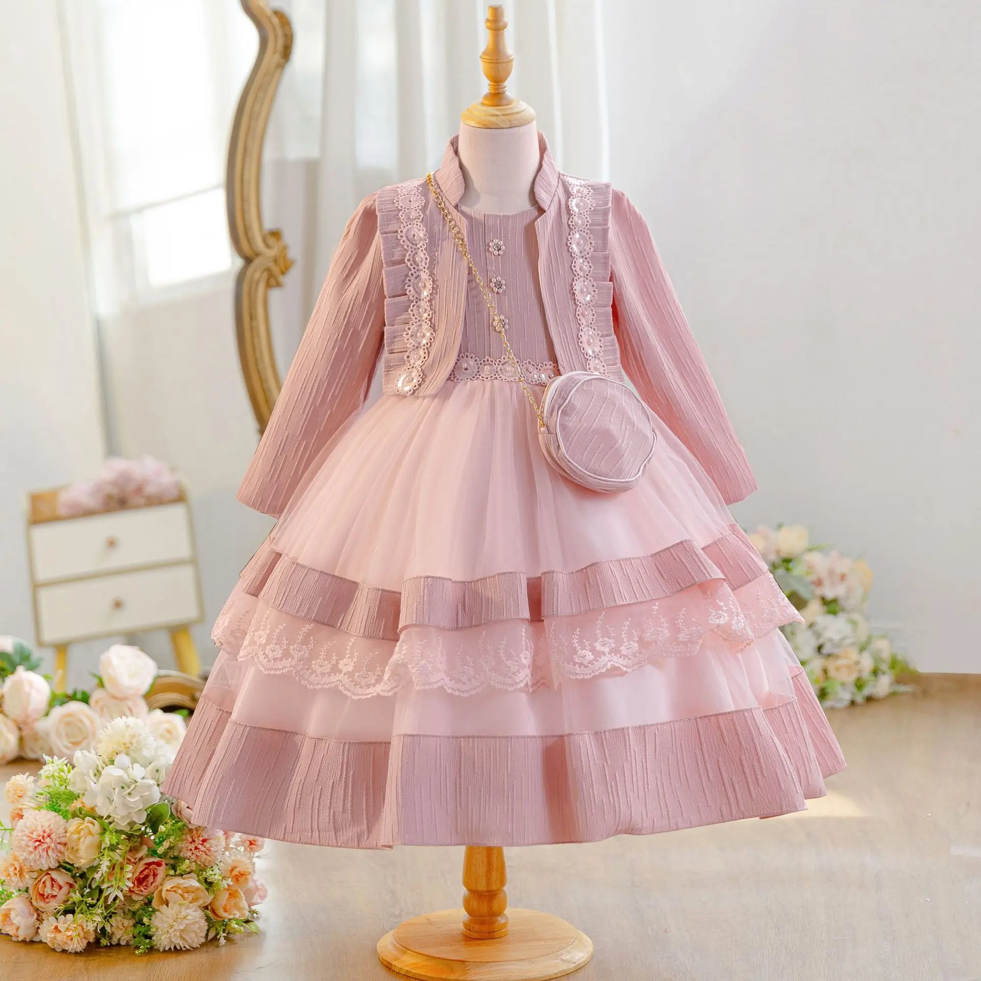 HETISO Autumn Girls Two-piece Dress With Bag Long Sleeve Embroidery Jackete + Lace Ball Gown For Kids Child Party Frocks