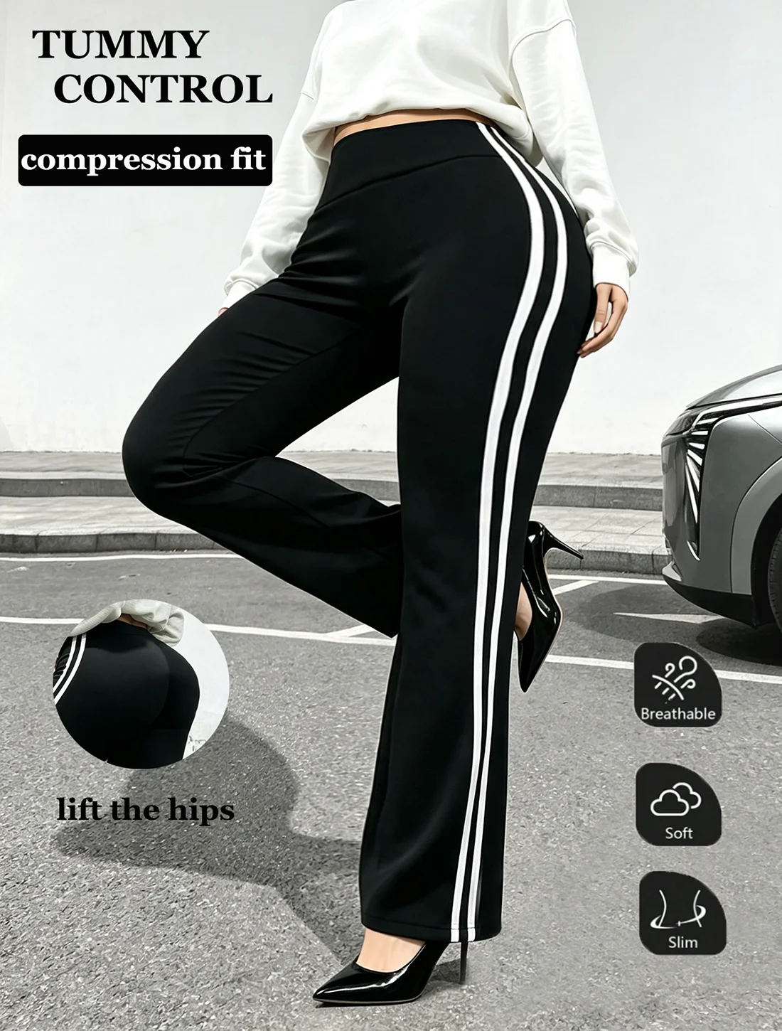 Autumn Winter Women's Fashionable White Striped Wide Leg High Stretch Bell Bottom Pants Daily Walks Commuting Vacation Pants