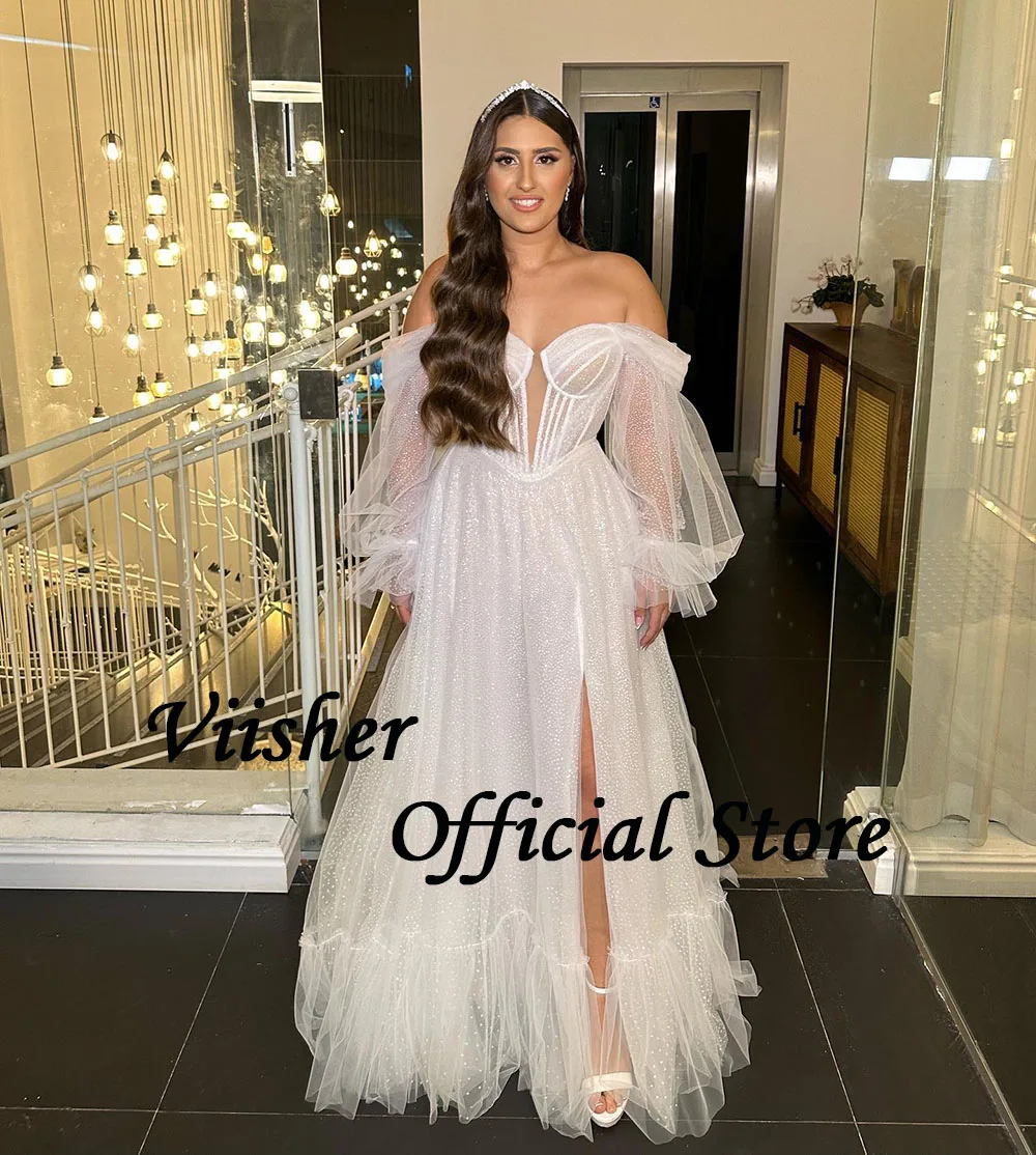 Viisher Glitter White A Line Wedding Dresses Side Split Draped Tulle Long Bride Dress Bone Corset Sweetheart Beach Wedding Gowns