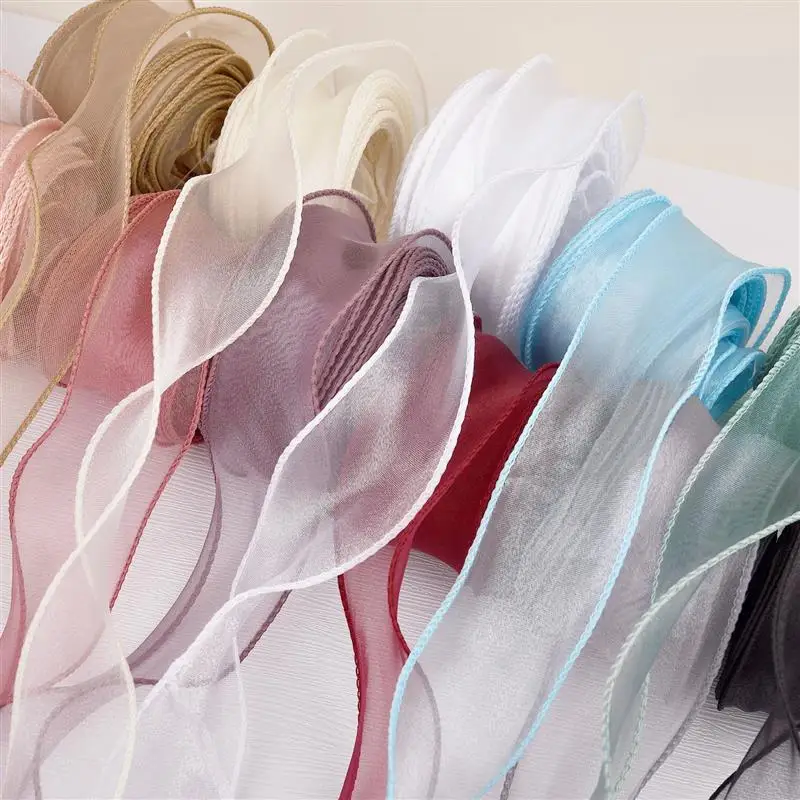 2.2M/10M Gulungan Pita Organza Warna Solid Pita Ekor Ikan Tepi Bergelombang untuk Buket Bunga Hadiah Kemasan Dekorasi Pesta Pernikahan