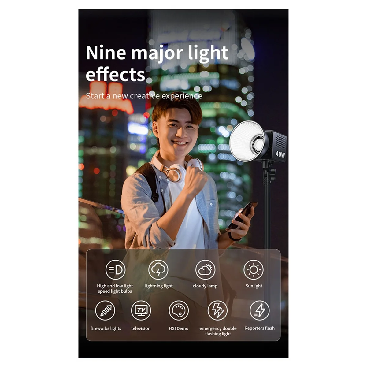 Compact M60 Handle Photo Studio Light COB Bi-Color CCT 2500-6500K CRI Greater Than Equal 95 TLCI Greater T