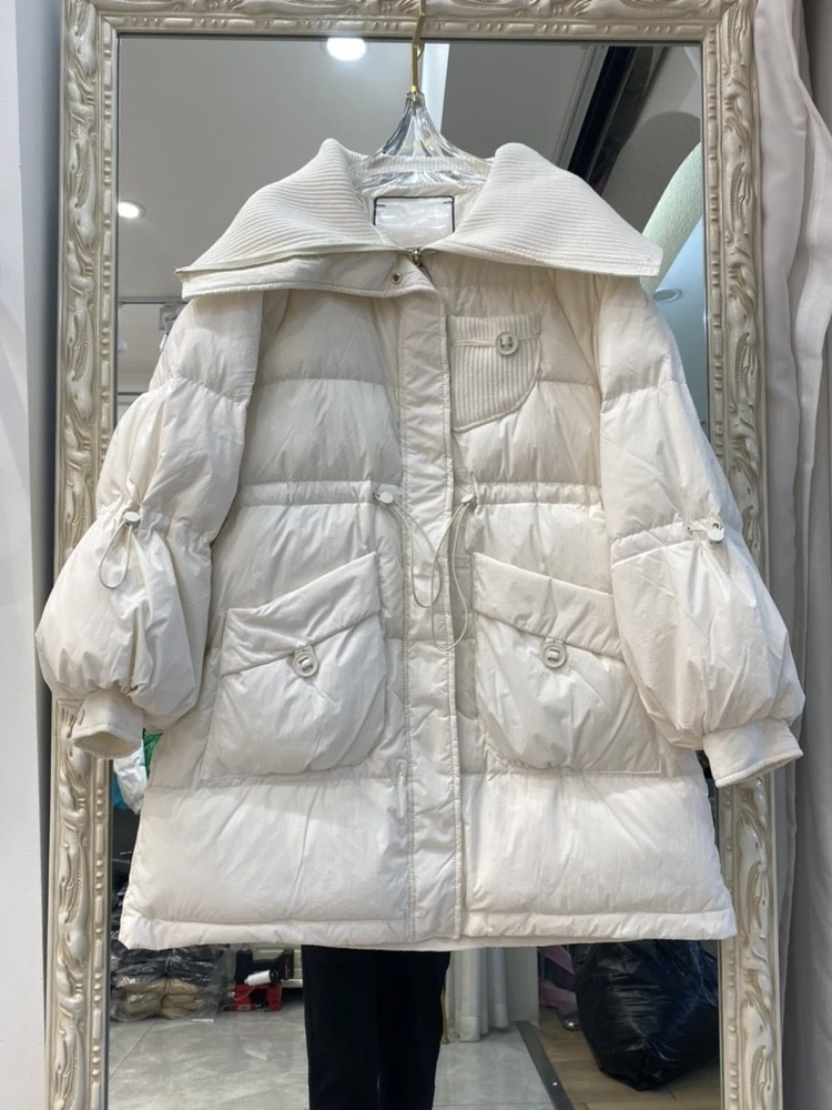 Abrigos de plumón blancos de longitud media para mujer, chaqueta suelta con cuello de muñeca, chaquetas coreanas de invierno