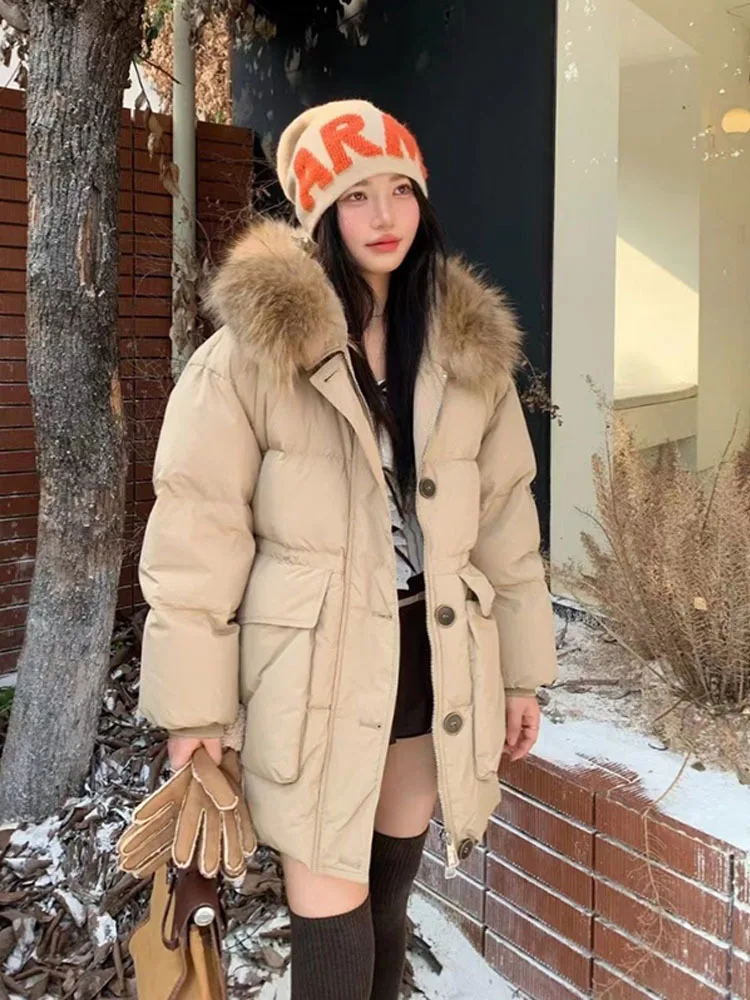 

New Winter Women Fluffy Parka Big Real Fur Collar Puffer Jacket Women Loose Warm Thickened Short 90% White Duck Down Coat