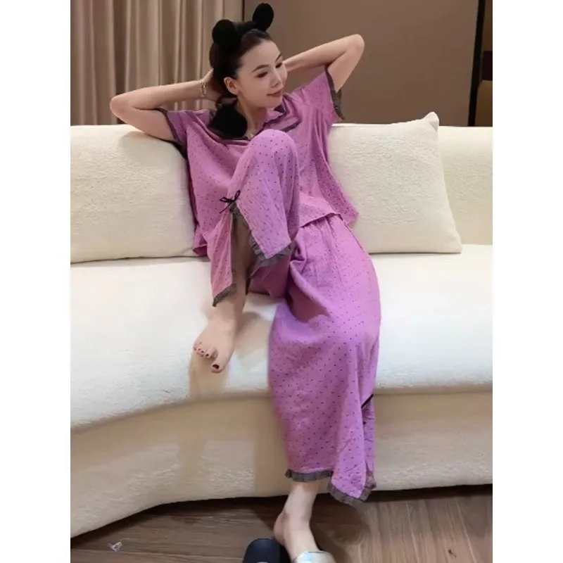 Casual Lazy Wind  Cotton Lace Edge Short-sleeved Trousers Pajamas Women's Summer Thin Korean Version of High-end Loungewear