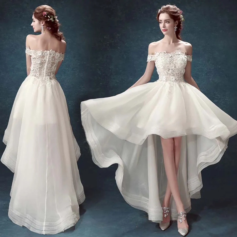 

VENSANAC Customized Crystal Boat Neck Ruffle High Low Wedding Dress Off The Shoulder Lace Appliques Bridal Gown Prom Party Dress