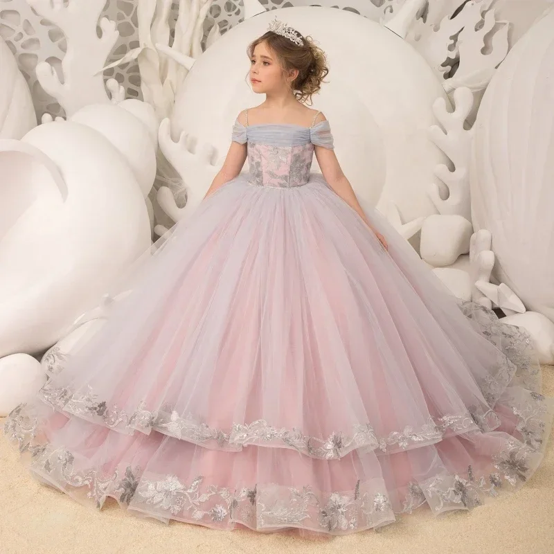 

Flower Girl Dresses Light Purple Tulle Puffy With Patterned Appliques Off Shoulder For Wedding Birthday Banquet Princess Gowns