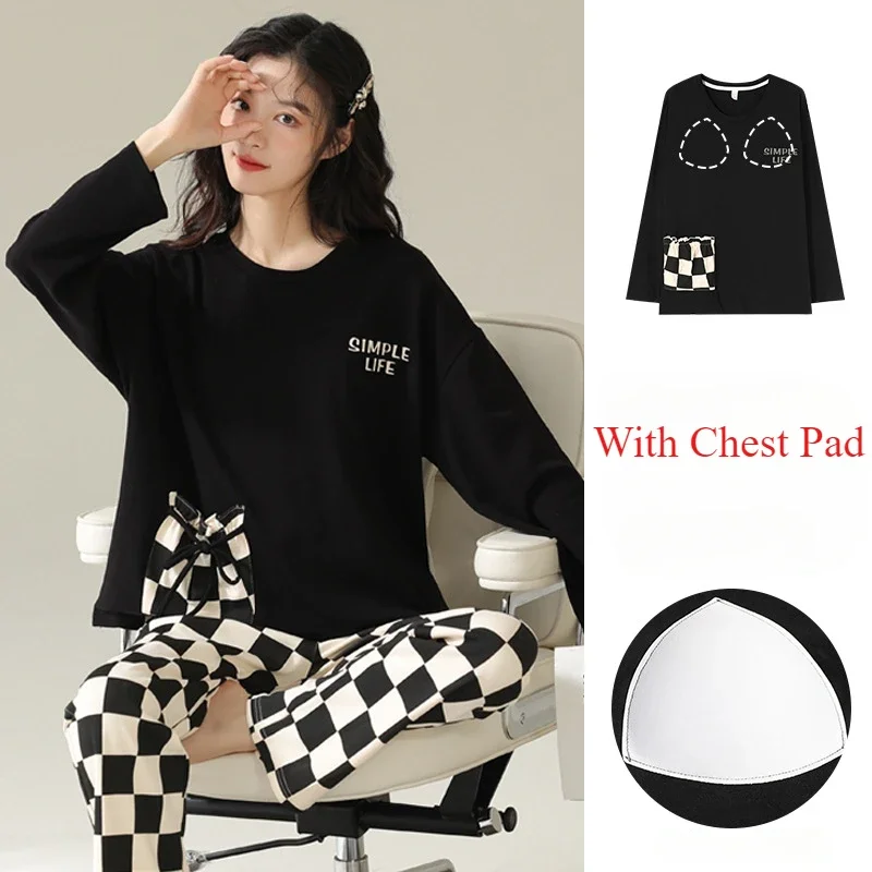 Double-Sided Pure Cotton Pajamas Women's Spring Autumn Plaid Two-piece Set Long Sleeve Set Fashionable Elegant Home Clothes