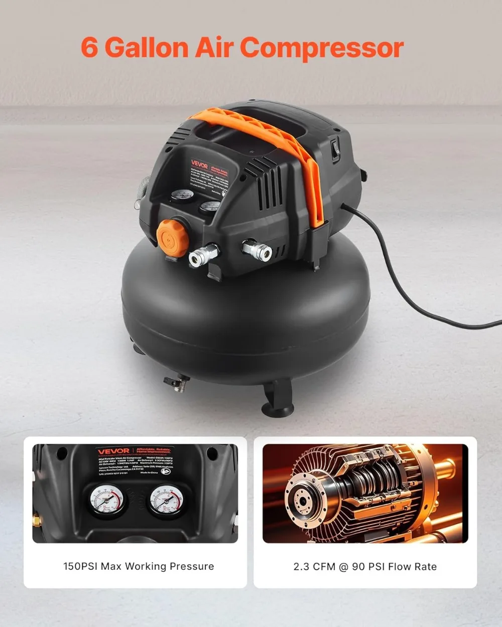 

6 Gallon Air Compressor, 1.7HP 2.3CFM@90PSI Portable Pancake with 12-Piece Kit for Tire Inflation & Woodwork
