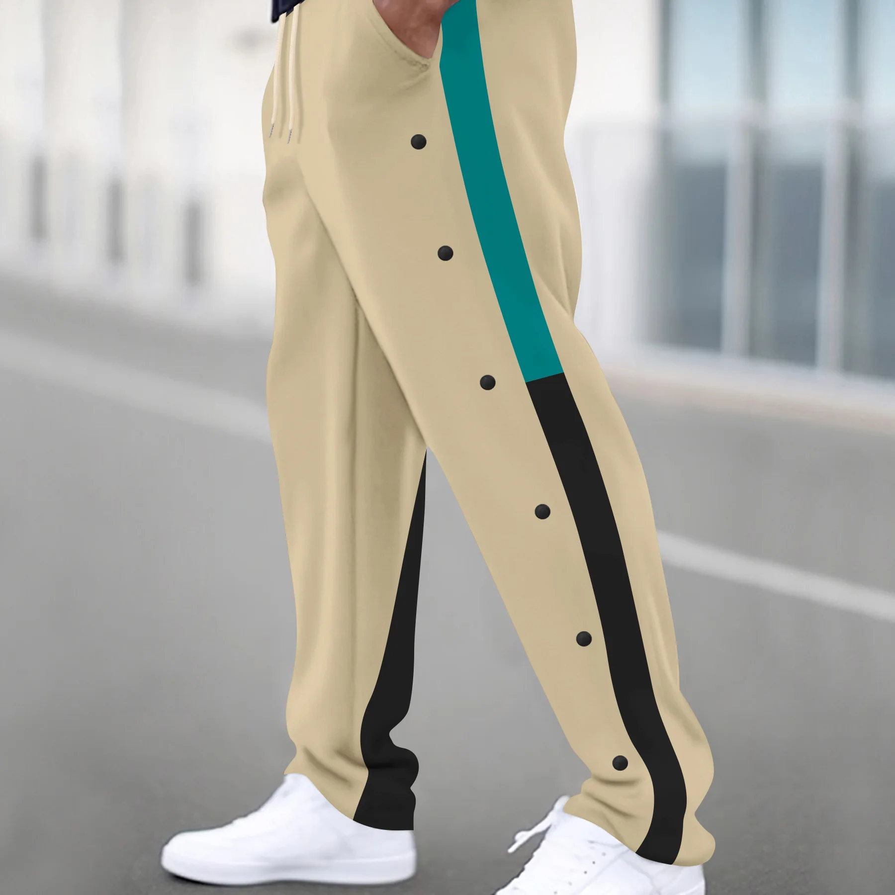 Męskie spodnie na co dzień z łączonymi nogawkami do kostek proste spodnie luźne spodnie wiosenne sznurkiem na co dzień łączone patchworkowe sportowe kieszenie